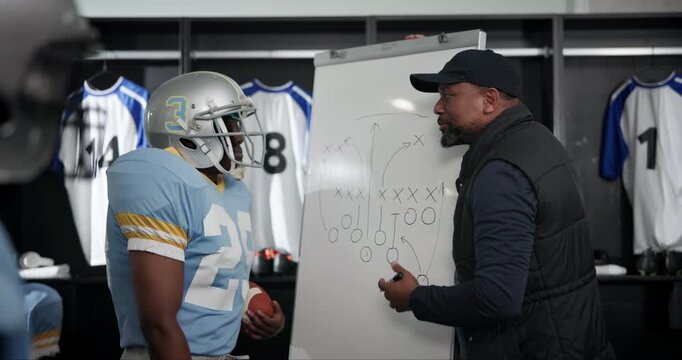 Sports, coach and man with strategy on whiteboard for football, tactic and game plan in locker room. Drawing, training and manager with marker for match briefing, team and discussion of formation
