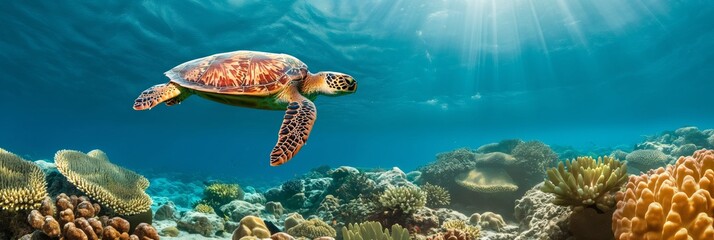 Obraz premium Serene Glide: A majestic sea turtle glides through sun-dappled waters, above a vibrant coral reef teeming with life. 