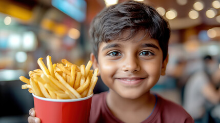 Smiling young Indian boy holding a container of French fries in a fast-food restaurant.

