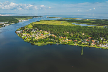 View from a drone of Górki Wschodnie in Gdańsk on a sunny day.