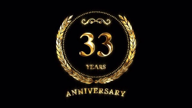 33rd Anniversary Celebration. Happy 33 Years Anniversary Animation in Gold Color on the Transparent Background, Alpha Channel. Great for greetings, celebrations, events, and gifts.