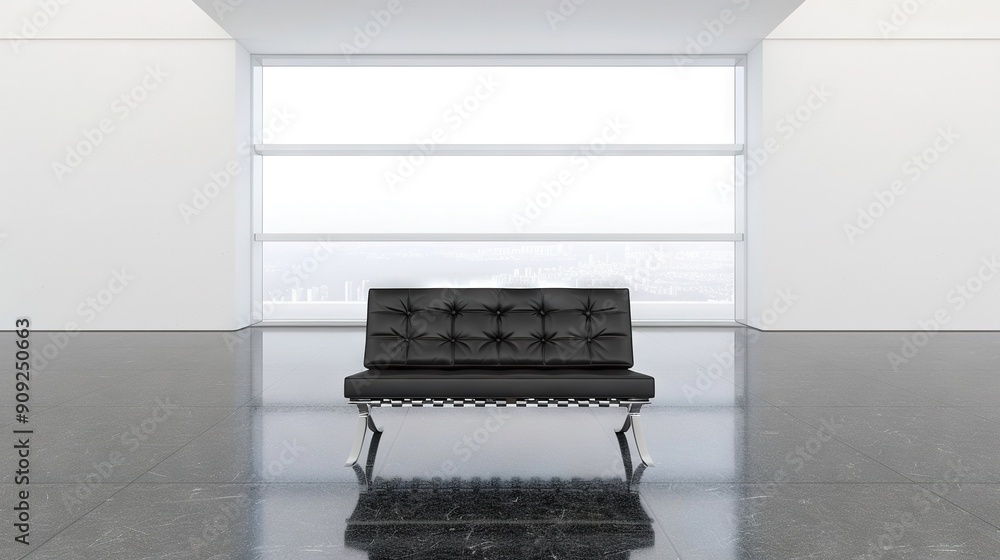 Sticker   A black chair sits before a window in a room adorned with a monochromatic black and white checkered floor