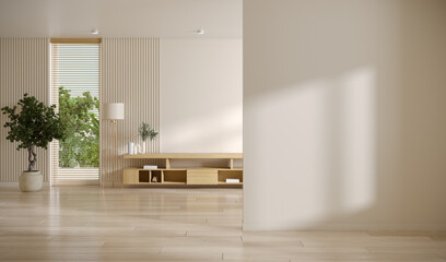 White wall mockup ,Empty room.wood shelf in modern minimal room. 3D illustration