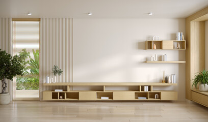 Empty wall and tv shelf mockup.white wall with wood shelf in modern minimal room. 3D illustration