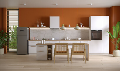 modern mid century kitchen room interior ,white counter and orange wall,3d render