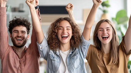 Three people are smiling and holding their hands up in the air. They seem to be celebrating something.