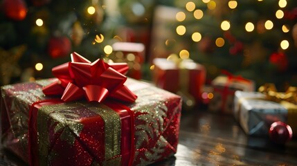 Festive Christmas Present with Bow and Lights Celebrating Holiday Shopping Season