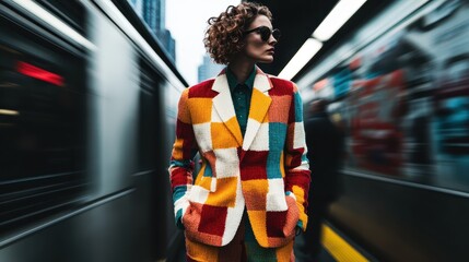 A person wearing a vibrant patchwork suit stands out against the backdrop of a fast-moving subway...