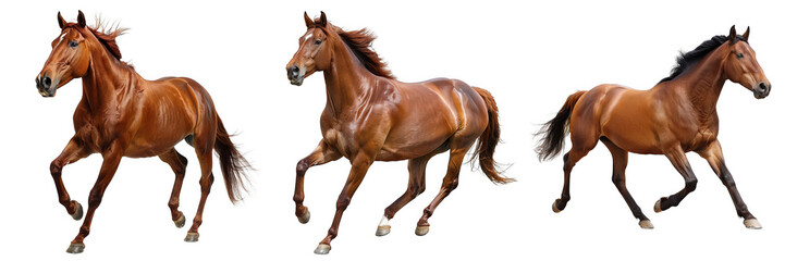Obraz premium Three Running Brown Horses Isolated on White Background, Png File