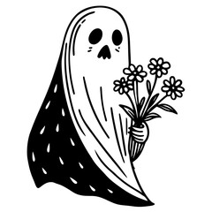 Sad Ghost with Flowers in Hand: A Hauntingly Beautiful Illustration