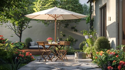 Summertime back yard with outdoor seating wooden patio furniture and sun umbrella or parasol