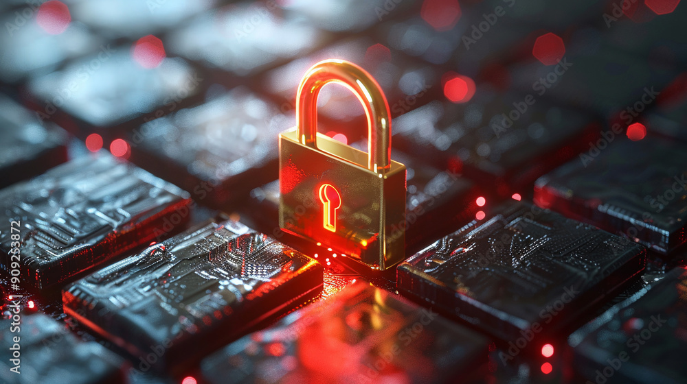Aufkleber cybersecurity concept: printed circuit board with closed lock icon. padlock with futuristic design.