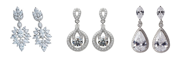 Set of Elegant white cubic zirconia earrings with a sparkling square design  isolated on transparent background