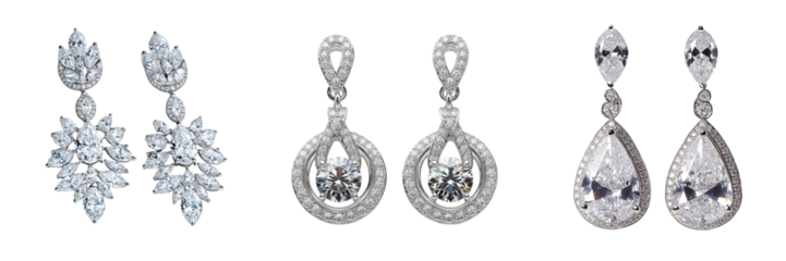 Set of Elegant white cubic zirconia earrings with a sparkling square design  isolated on transparent background