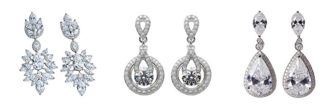 Set of Elegant white cubic zirconia earrings with a sparkling square design  isolated on transparent background