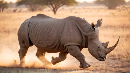 Fototapeta premium Rhino running in the savannah. Wild animal