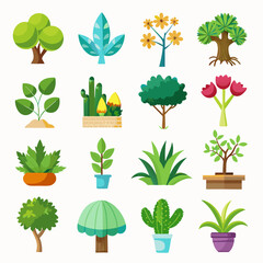 Gradient icon set types of plants tree bush art vector