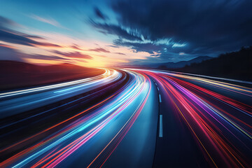 Dynamic highway with colorful light trails stretching towards a vibrant sunset, showcasing speed, motion, and the beauty of twilight travel.