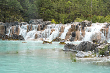 Naklejka premium Beautiful landscape of the lake at Blue Moon Valley at Lijiang, Yunnan, China. Copy space for text, wallpaper and landscape concept.