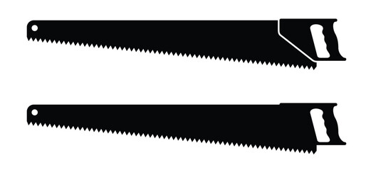 Tree saws. Drawn handsaws for carpenters. Wood saw logo. Cartoon whipsaw or pull saw. Compass saw with handle for cutting. Work tool. Home renovation and engineer tools.