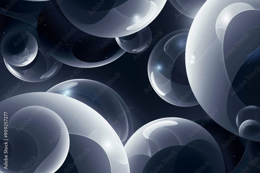 Poster abstract monochromatic bubbles floating in a dark, mysterious space, emphasizing a futuristic and sl