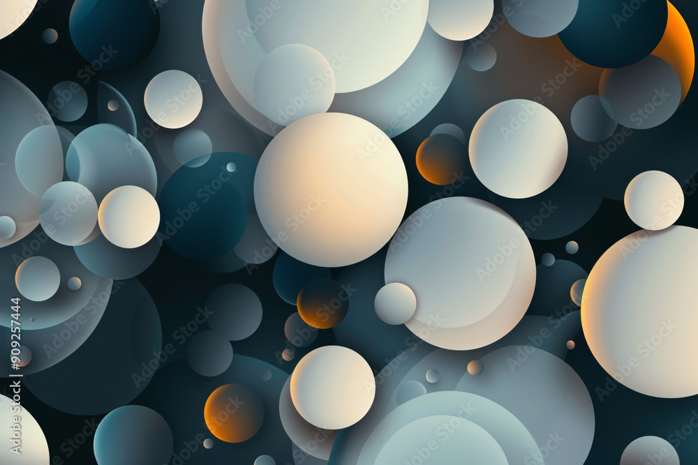 Poster a soothing arrangement of abstract spheres in muted tones, with soft light and shadows, creating a m