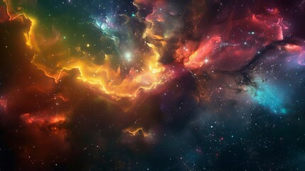 Fototapeta premium A vibrant nebula with swirling clouds of gas and dust illuminated by bright stars. This cosmic landscape is a breathtaking display of color and light.