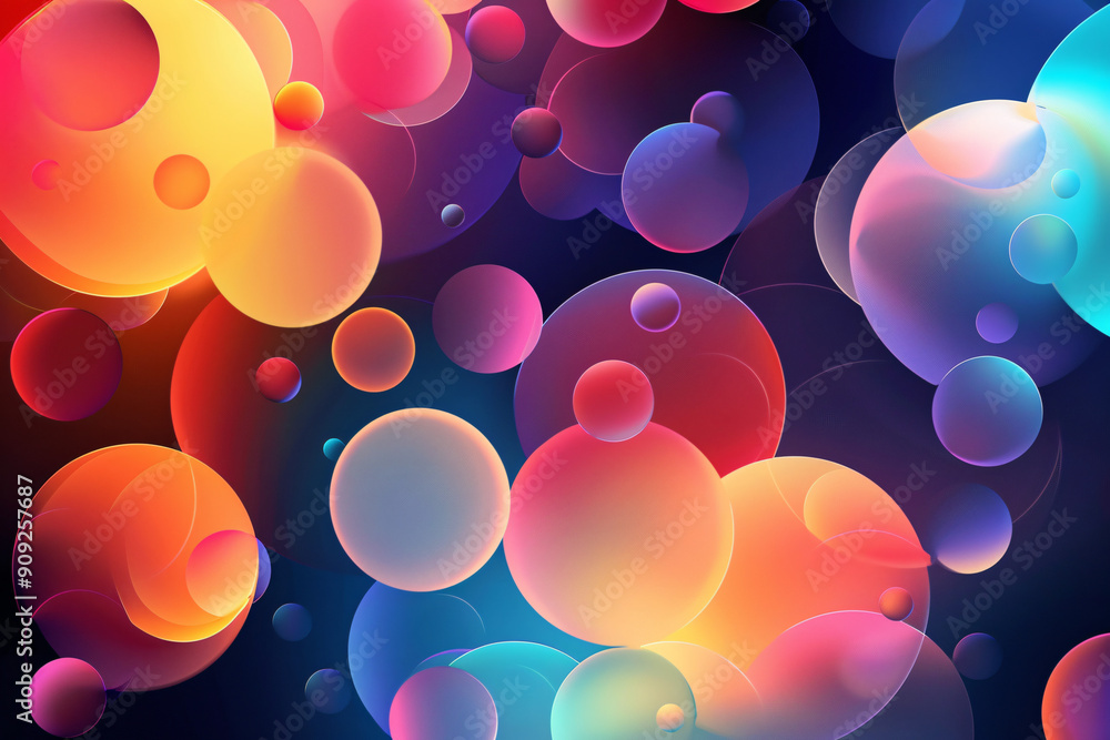 Poster a vibrant collection of abstract spheres in a variety of colors, illuminated by colorful light, crea