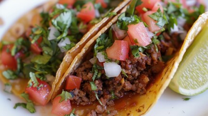Close-up of Two Tacos with Ground Beef, Tomato, Onion, and Cilantro, taco, ground beef, cilantro