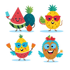 Colorful cartoon characters watermelon slice pineapple and tropical fruit 14