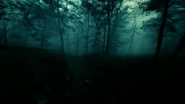 Running through spooky forest at nightime, halloween horror