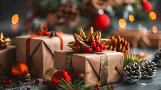 Festive Holiday Gift Boxes and Christmas on Rustic Wooden Surface