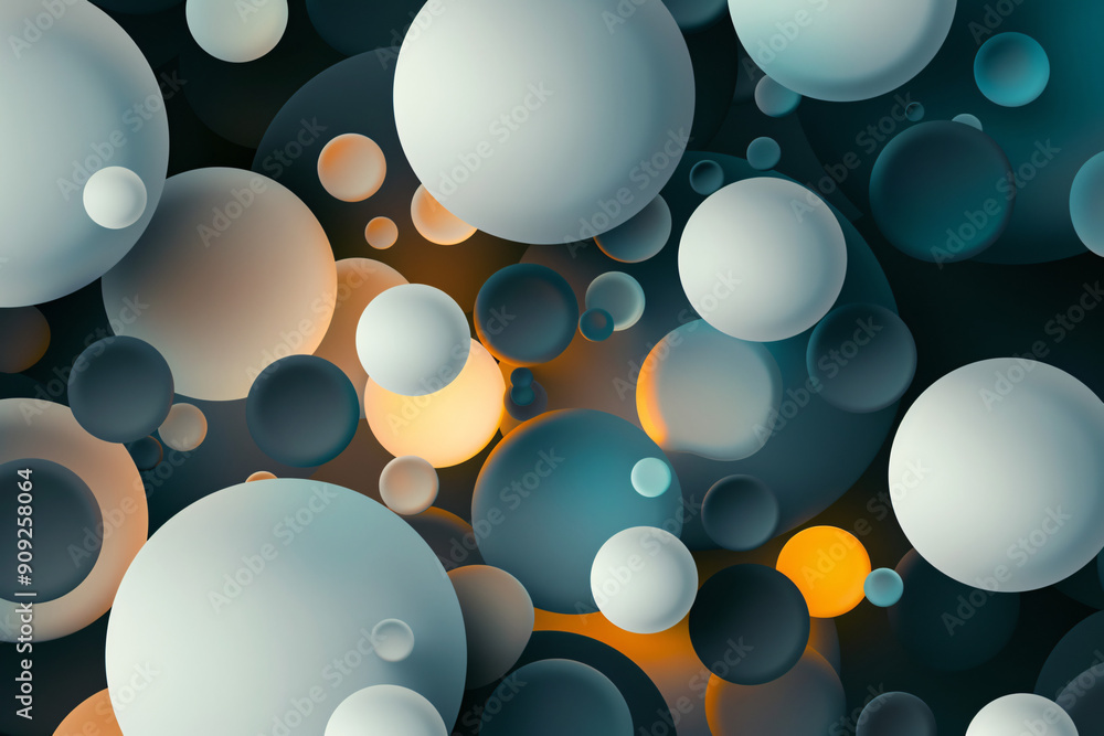 Poster close-up of abstract bubbles in various sizes with a warm glow on a dark background