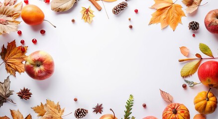 Back to school background with copy space. Autumn fruits on white table surface. Created with Generative AI
