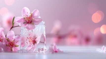   A glass vase holding pink flowers sits atop a table beside two more pink blooms