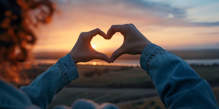 Heartfelt Sunset: Love, hope, and the beauty of nature converge in this heartwarming image, as a pair of hands forms a heart shape against a breathtaking sunset, capturing a moment of pure affection a