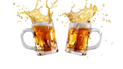 Two Beer Mugs Toasting with Splash Isolated on White Background, beer , drink , beverage , celebration