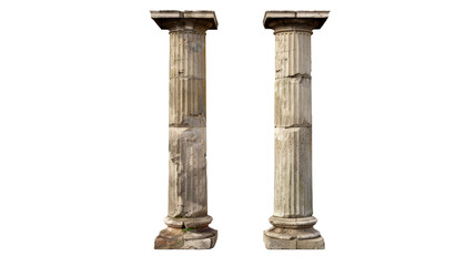 Two Weathered Stone Columns Isolated on White Background, architecture , column, ancient, stone
