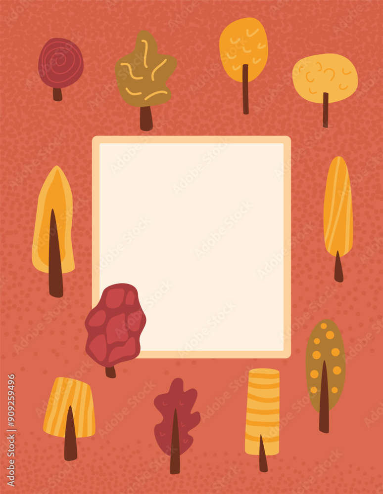 Poster autumn forest background with border. template for banners of fall tress with red leaves with border