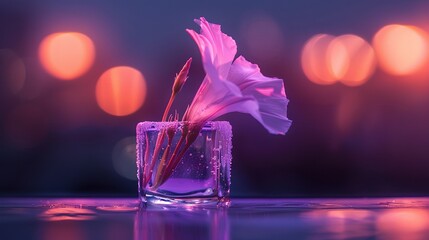   A close-up shot of a flower in a glass of water with a blurred background and bokeh lights in the background
