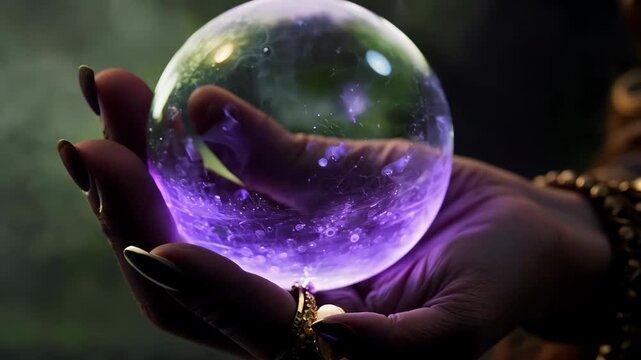 Witch's hand holding a crystal ball: A wrinkled, bony hand with long, sharp nails and numerous rings clutches a glowing crystal ball, with faint swirling mist inside.