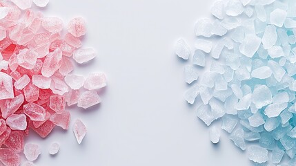   Blue and pink tabletop with an array of ice cubes stacked neatly next to it