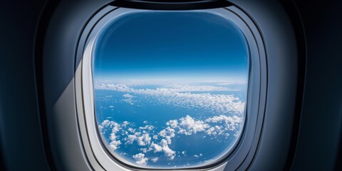 Fototapeta premium Above the Clouds: A serene view through an airplane window, capturing the vast expanse of fluffy white clouds against a deep blue sky, symbolizing freedom, travel, and a sense of wonder. 
