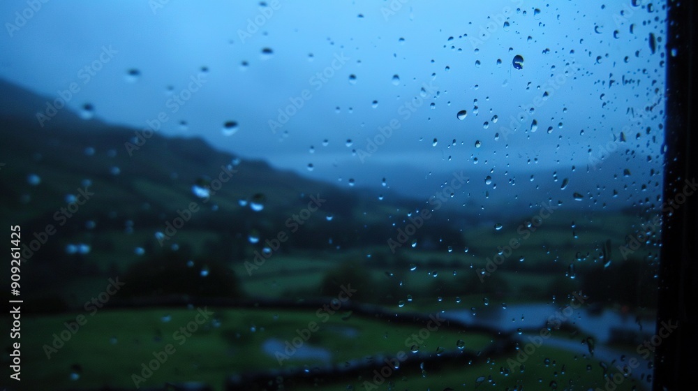 Wall mural   Raindrops on train window during countryside travel on cloudy day