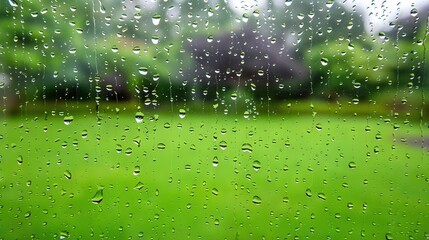  A close-up of a rain-covered window, with a lush green grass field in the foreground and a cozy house in the background