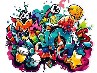 Vivid Streetwear Graffiti Sticker Design for Fashionable Apparel and Accessories