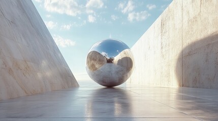 A large silver sphere is sitting in the middle of a large, empty room