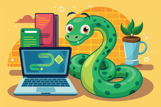 Vector illustration of cute green python coding on the laptop