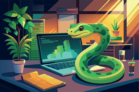 Vector illustration of cute green python coding on the laptop