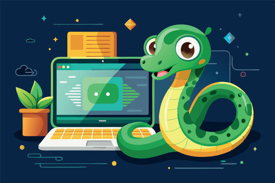 Vector illustration of cute green python coding on the laptop